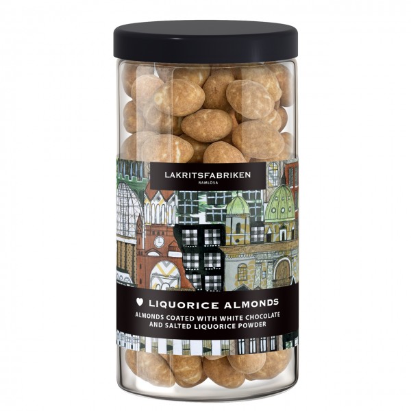 Liquorice almonds Almonds coated with white chocolate and salted liquorice powder